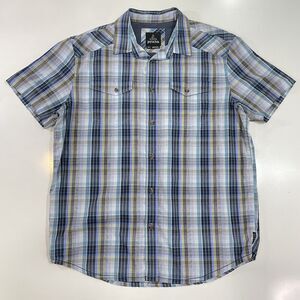 Prana Men’s Organic Cotton Shirt Short Sleeve Button Blue Plaid Outdoors Sz Med